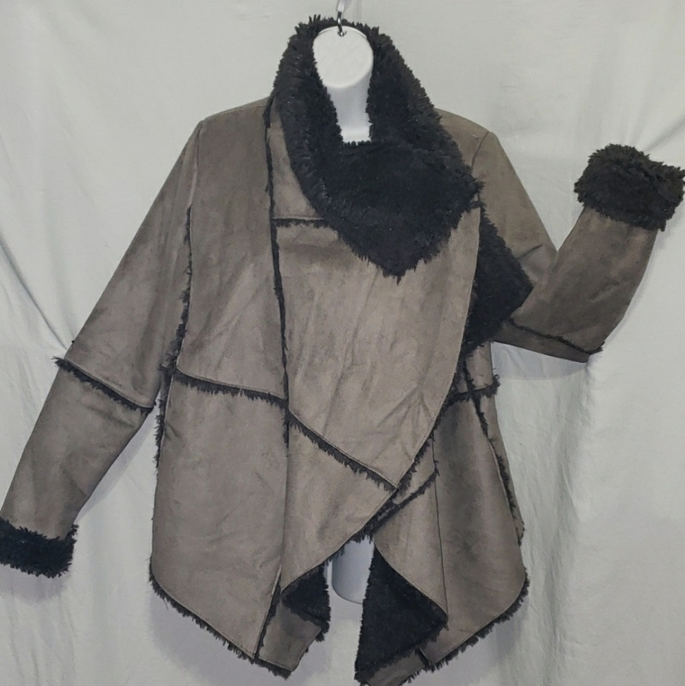Women’s Taupe Faux-Suede Asymmetrical Coat with Black Faux-Fur Trim